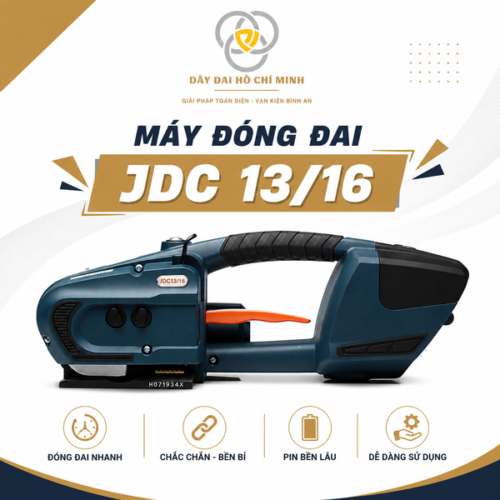 Máy đóng đai JDC 13/16 chính hãng – Máy đóng đai nhựa cầm tay dùng pin với thiết kế chắc chắn, thao tác đơn giản, hỗ trợ siết, hàn và cắt dây đai nhanh chóng. Phù hợp đóng gói thùng carton, kiện hàng, hàng hóa trong kho xưởng, sản xuất và vận chuyển.