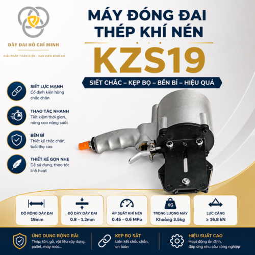 Máy đóng đai thép khí nén KZS19 dùng dây đai thép 19mm, thiết kế chắc chắn, thao tác nhanh, phù hợp đóng kiện hàng nặng.