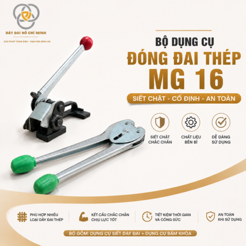 Dụng cụ siết dây đai thép MG16 chắc chắn, dễ thao tác, giúp siết dây đai nhanh và giữ kiện hàng an toàn. Phù hợp đóng gói hàng hóa, pallet và kiện hàng công nghiệp.