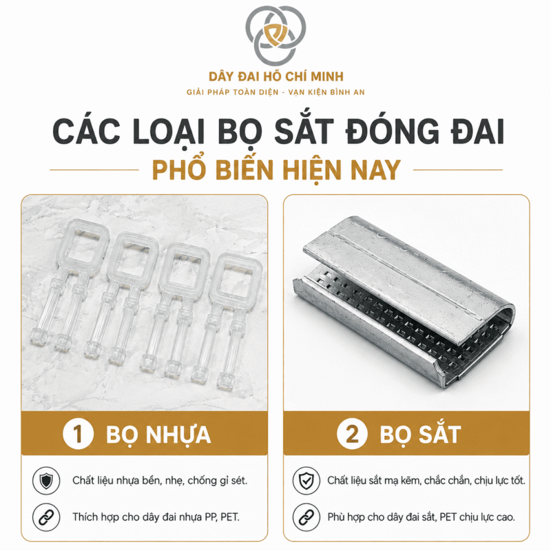 Tìm hiểu các loại bọ đóng đai phổ biến hiện nay gồm bọ nhựa và bọ sắt. Giải pháp cố định dây đai PP, PET chắc chắn, bền bỉ, phù hợp nhiều nhu cầu đóng gói hàng hóa.