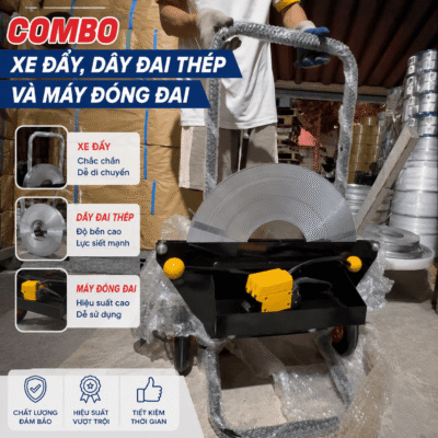 Combo xe đẩy dây đai thép, dây đai thép và máy đóng đai A333 giúp đóng kiện hàng nhanh, chắc chắn và thuận tiện cho xưởng sản xuất, kho hàng.