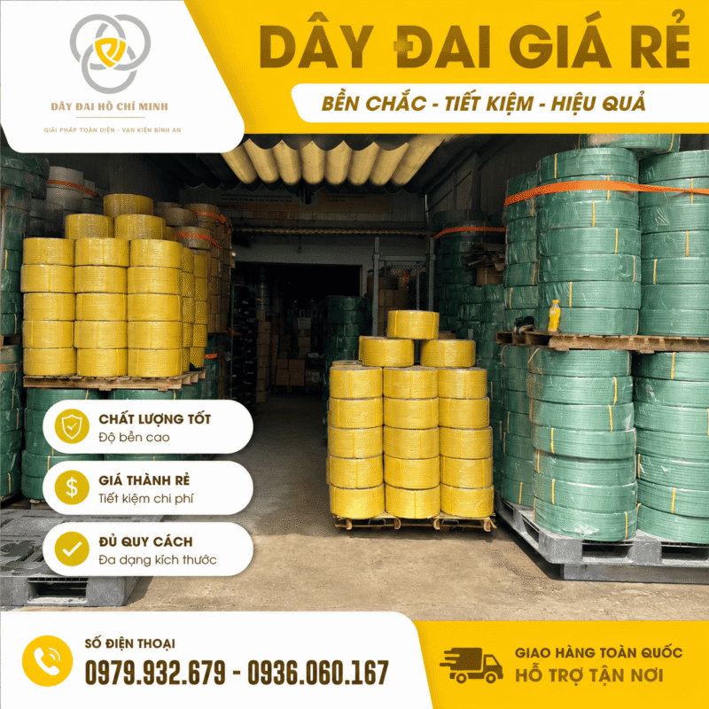 Kho dây đai Hồ Chí Minh cung cấp dây đai nhựa chất lượng, giá rẻ, đa dạng màu sắc và quy cách, phù hợp đóng gói hàng hóa, kiện hàng, thùng carton và pallet.