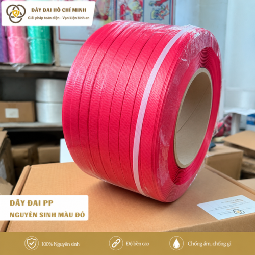 Dây đai PP nguyên sinh màu đỏ được cuộn thành kiện, bề mặt dày dặn và đồng đều, phù hợp sử dụng để đóng gói thùng carton, hàng hóa và kiện hàng công nghiệp.