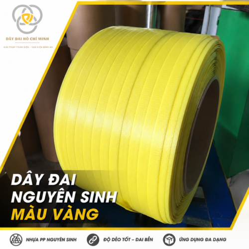 Dây đai nguyên sinh màu vàng 19mm x 0.8mm làm từ nhựa PP nguyên sinh, dẻo dai, phù hợp đóng gói và cố định hàng hóa.