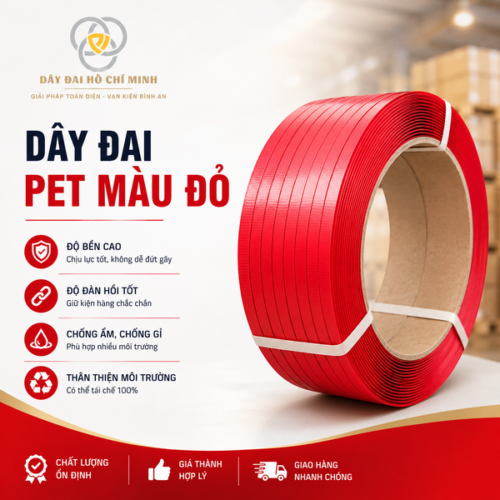 Dây đai PET màu đỏ chất lượng cao, độ bền tốt, chịu lực và chịu căng hiệu quả, phù hợp đóng gói và cố định nhiều loại hàng hóa. Dây có độ đàn hồi tốt, chống ẩm, chống gỉ và có thể sử dụng kết hợp với máy đóng đai để tăng tốc độ đóng gói.