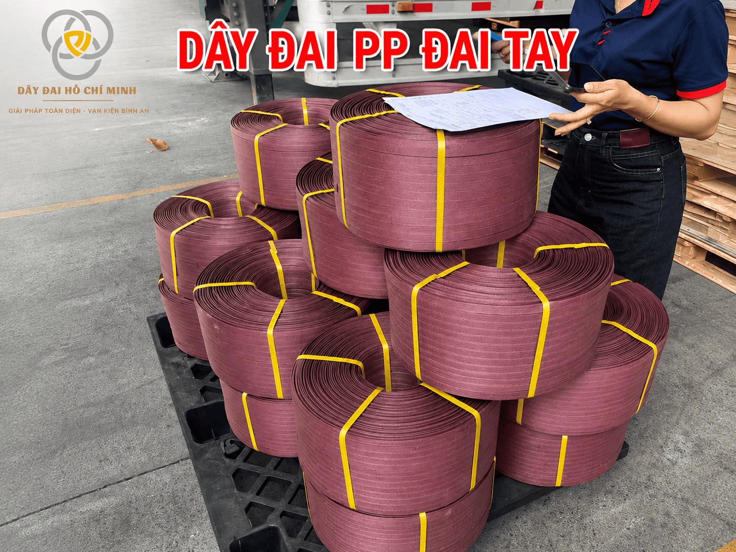 Dây đai PP đai tay dùng đóng gói thùng carton, kiện hàng và nông sản. Dây PP nhẹ, dẻo, dễ sử dụng, phù hợp kết hợp với dụng cụ đóng đai thủ công.