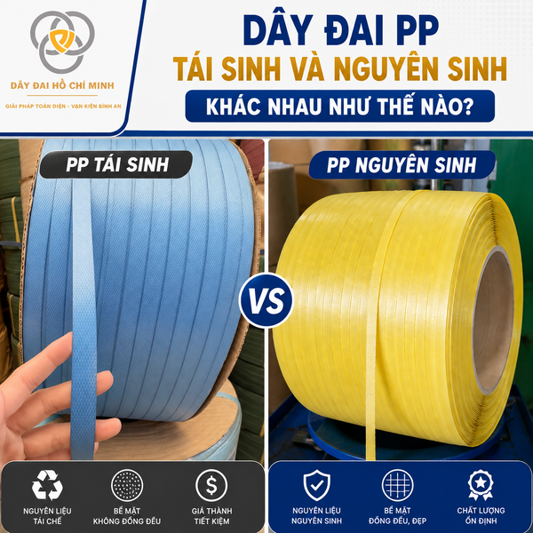 So sánh dây đai PP tái sinh và nguyên sinh qua chất liệu, bề mặt, độ ổn định và chi phí, giúp lựa chọn sản phẩm phù hợp nhu cầu đóng gói.