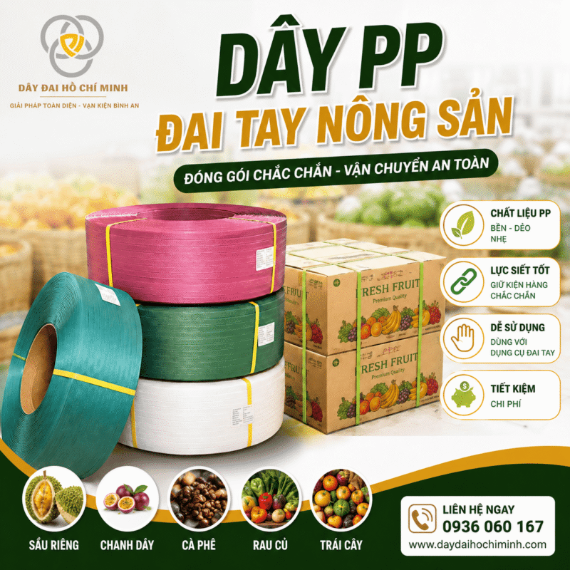 Dây PP đai tay nông sản chất lượng cao, bền dẻo, nhẹ, lực siết tốt, phù hợp đóng gói rau củ, trái cây, cà phê và các loại nông sản. Giúp cố định kiện hàng chắc chắn, tiết kiệm chi phí và thuận tiện khi sử dụng.