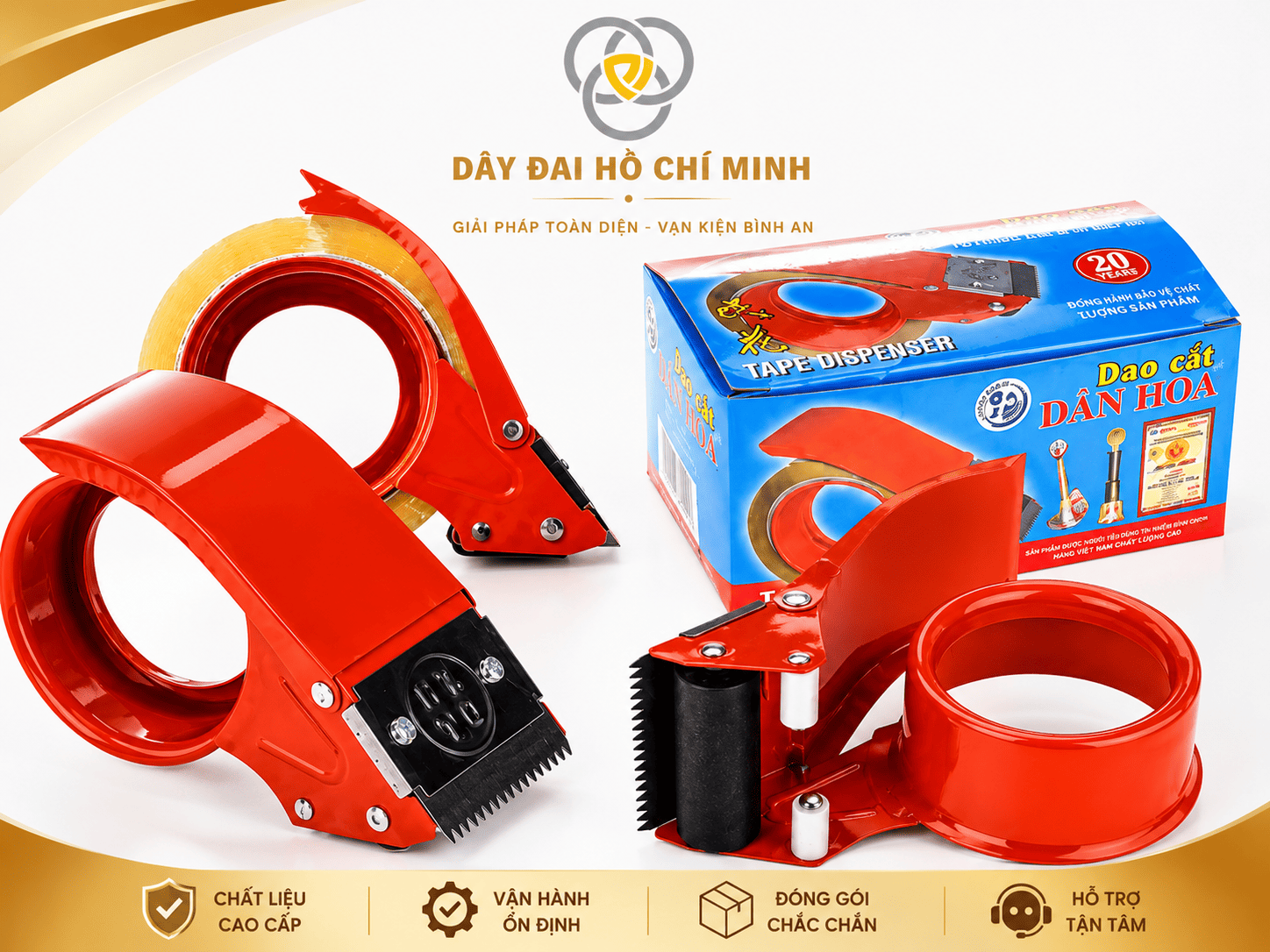 Dụng cụ cắt băng keo Dân Hoa là sản phẩm hỗ trợ đóng gói hàng hóa nhanh chóng và thuận tiện. Thiết kế chắc chắn, tích hợp bộ phận giữ và cắt băng keo giúp thao tác dán thùng, đóng gói kiện hàng dễ dàng, phù hợp sử dụng tại kho hàng, cửa hàng, xưởng sản xuất và đơn vị vận chuyển.