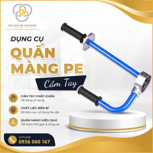 Dụng cụ quấn màng PE cầm tay giúp quấn hàng nhanh, gọn và chắc chắn. Thiết kế tiện lợi, phù hợp đóng gói hàng hóa, kho xưởng và vận chuyển.