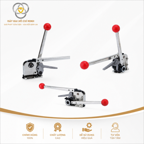 Máy đóng đai thép GD35 với nhiều góc nhìn, thiết kế cầm tay chắc chắn, hỗ trợ siết và khóa dây đai thép nhanh chóng cho hàng hóa công nghiệp.