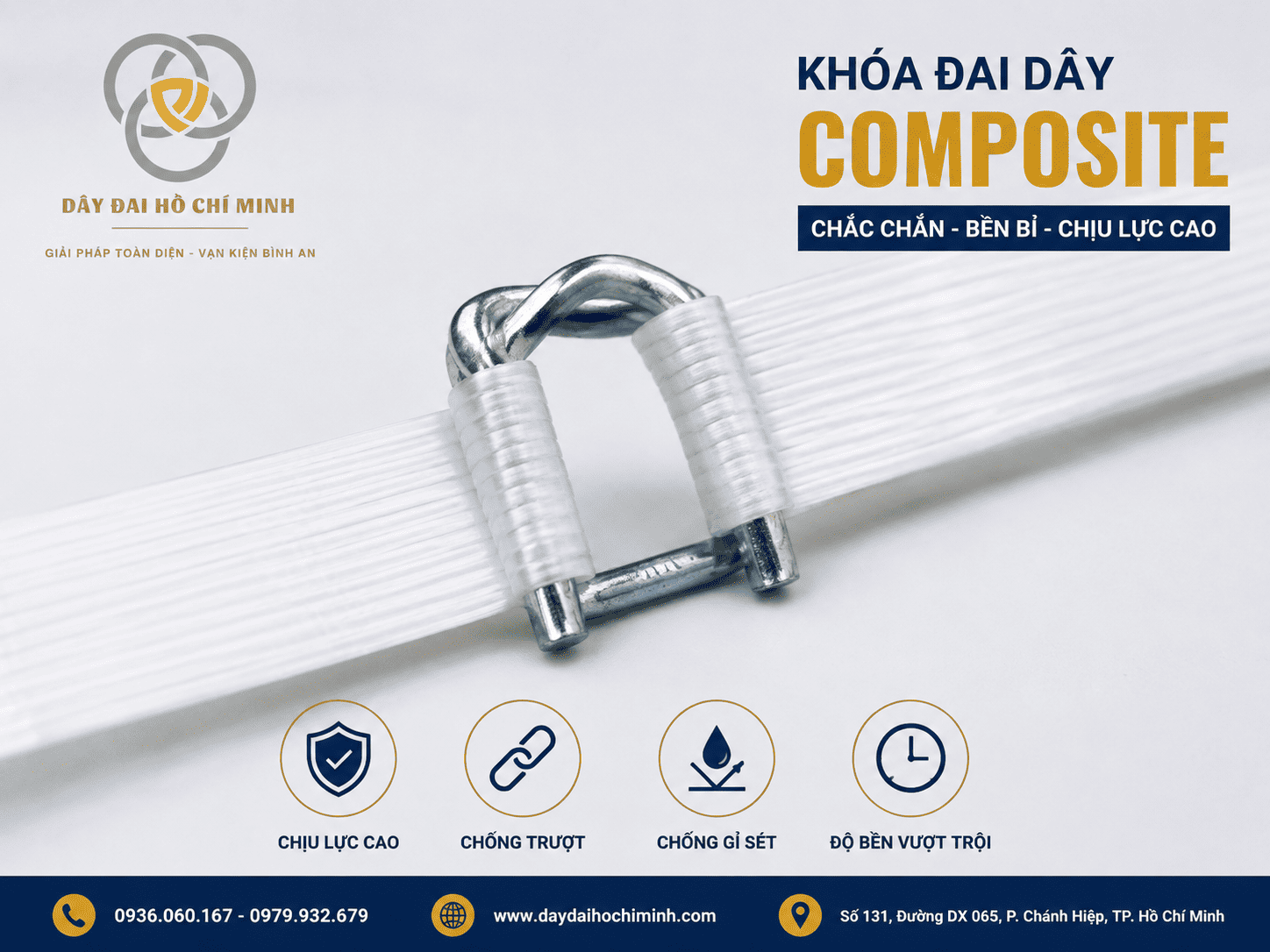 Khóa đai dây Composite chịu lực cao, thép mạ kẽm chống gỉ, dùng kết hợp dây đai Composite để cố định hàng hóa, pallet và kiện hàng an toàn.