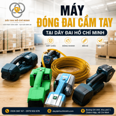 Hình ảnh các dòng máy đóng đai cầm tay dùng pin tại Dây Đai Hồ Chí Minh, thiết kế nhỏ gọn, tiện lợi, hỗ trợ siết, hàn và cắt dây đai PP/PET trong đóng gói hàng hóa.