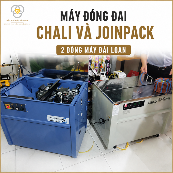 Máy đóng đai Chali và Joinpack Đài Loan chuyên dùng để đóng đai thùng carton, hàng hóa và kiện hàng, giúp tăng tốc độ đóng gói và đảm bảo dây đai chắc chắn.