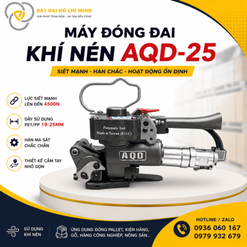 Máy đóng đai khí nén AQD-25 dùng dây đai PET/PP 19–25mm, thiết kế cầm tay chắc chắn, lực siết mạnh.