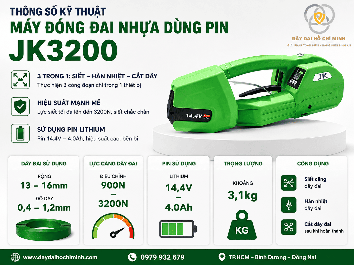 Máy đóng đai nhựa dùng pin JK3200 lực siết tối đa 3200N, dùng dây PP/PET 13–16mm, pin Lithium 14,4V 4.0Ah, phù hợp đóng pallet, kiện gỗ và hàng nặng.