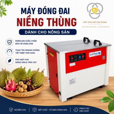 Máy đóng đai niềng thùng dành cho nông sản, giúp siết chặt và cố định hàng hóa nhanh chóng, chắc chắn. Phù hợp đóng gói trái cây, rau củ, thùng carton và nhiều loại nông sản.