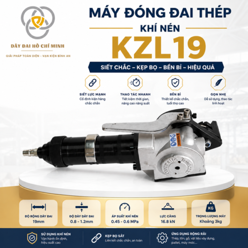 Máy đóng đai thép khí nén KZL19 chuyên siết dây đai thép 19mm, sử dụng khí nén, phù hợp đóng kiện sắt thép, tôn, gỗ và hàng hóa nặng.