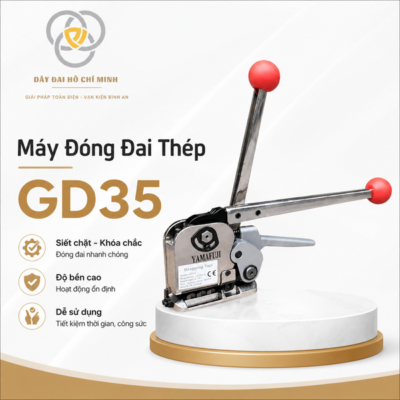 Máy đóng đai thép GD35 cầm tay dùng để siết và khóa dây đai thép 13–19mm, thiết kế chắc chắn, lực siết mạnh, phù hợp đóng gói pallet, thép cuộn, gỗ và hàng hóa công nghiệp.