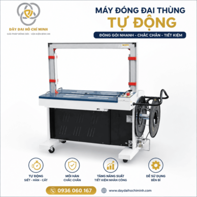 Máy đóng đai thùng tự động dạng khung, sử dụng dây đai PP để siết, hàn và cắt dây nhanh chóng, phù hợp đóng gói thùng carton.