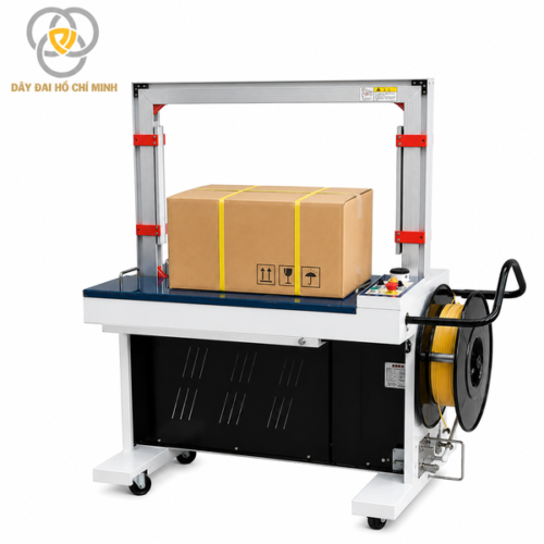 Máy đóng đai thùng tự động kết hợp thùng carton, giúp siết và cố định hàng hóa bằng dây đai PP nhanh chóng, chắc chắn.