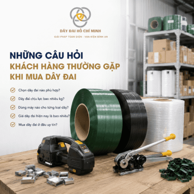 Tìm hiểu những câu hỏi khách hàng thường gặp khi mua dây đai đóng gói như cách chọn dây đai PP, PET, khả năng chịu lực, báo giá, máy đóng đai phù hợp và địa chỉ mua uy tín tại Dây Đai Hồ Chí Minh.