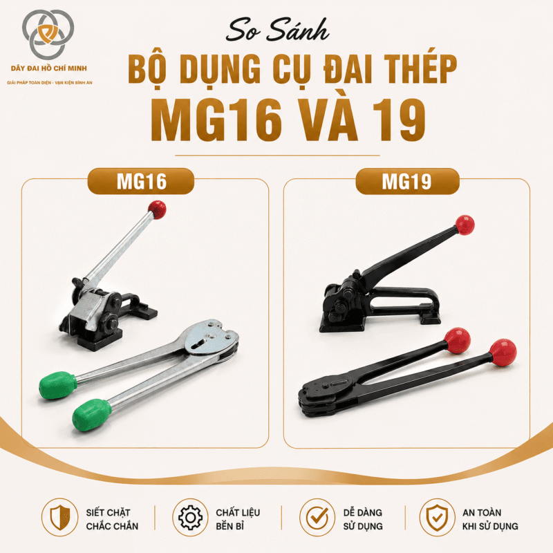 So sánh bộ dụng cụ đai thép MG16 và 19 – lựa chọn dụng cụ đóng đai phù hợp cho từng nhu cầu đóng gói hàng hóa.