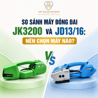 Hình ảnh so sánh máy đóng đai nhựa dùng pin JK3200 và JD13/16, hai dòng máy cầm tay hỗ trợ siết, hàn và cắt dây đai PP/PET 13–16mm, phù hợp đóng thùng carton, pallet và kiện hàng.