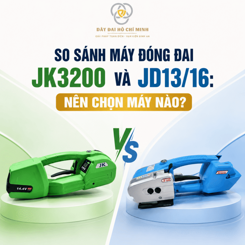 Hình ảnh so sánh máy đóng đai nhựa dùng pin JK3200 và JD13/16, hai dòng máy cầm tay hỗ trợ siết, hàn và cắt dây đai PP/PET 13–16mm, phù hợp đóng thùng carton, pallet và kiện hàng.