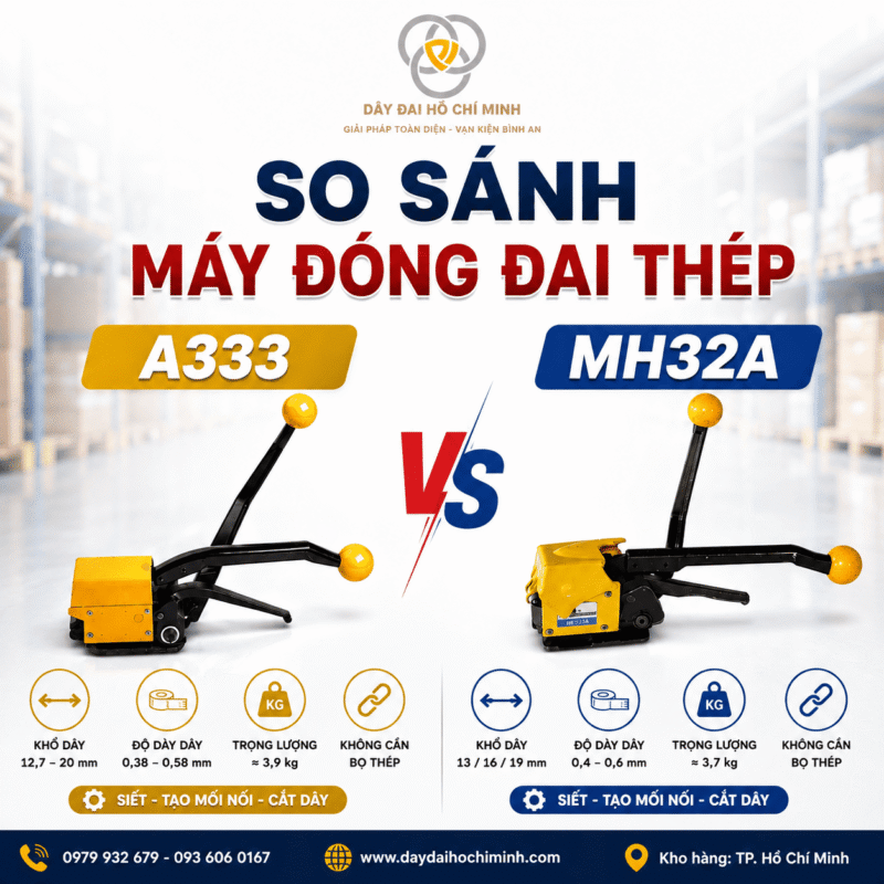 Hình ảnh so sánh máy đóng đai thép A333 và MH32A, giúp lựa chọn thiết bị phù hợp cho nhu cầu đóng kiện, pallet và hàng hóa công nghiệp.