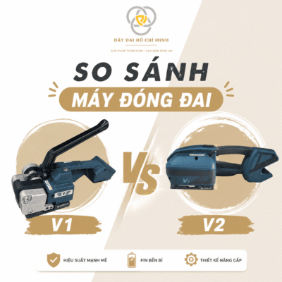 So sánh máy đóng đai Pin V1 và V2 về lực siết, pin, tốc độ kéo, trọng lượng và khả năng đóng dây PP/PET.
