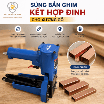 Súng bắn ghim kết hợp đinh cho xưởng gỗ, hỗ trợ đóng ghim và đinh nhanh chóng. Phù hợp xưởng mộc, nội thất, đóng thùng gỗ và pallet.