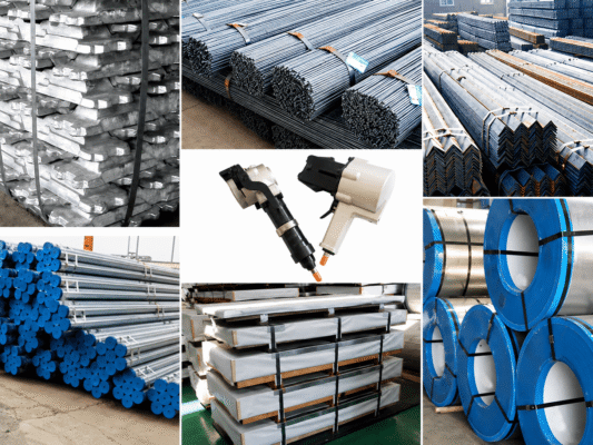 Hình ảnh các kiện thép, thanh kim loại, tôn cuộn và vật liệu công nghiệp được đóng đai chắc chắn bằng dây đai thép, kết hợp dụng cụ đóng đai khí nén, giúp cố định hàng hóa an toàn trong quá trình lưu kho, vận chuyển và xuất nhập khẩu.