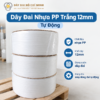 Dây đai nhựa PP trắng 12mm tự động dùng cho máy đóng đai, có dạng cuộn, nhẹ và dẻo, phù hợp đóng thùng carton và kiện hàng.
