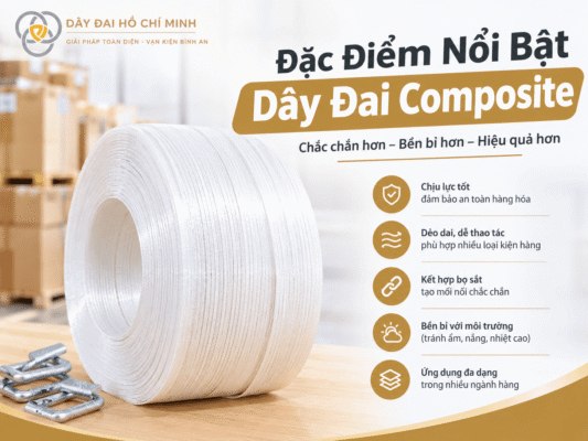 Hình ảnh dây đai Composite màu trắng với thiết kế chắc chắn, dẻo dai, phù hợp chằng hàng, cố định kiện hàng và sử dụng trong nhiều lĩnh vực đóng gói.