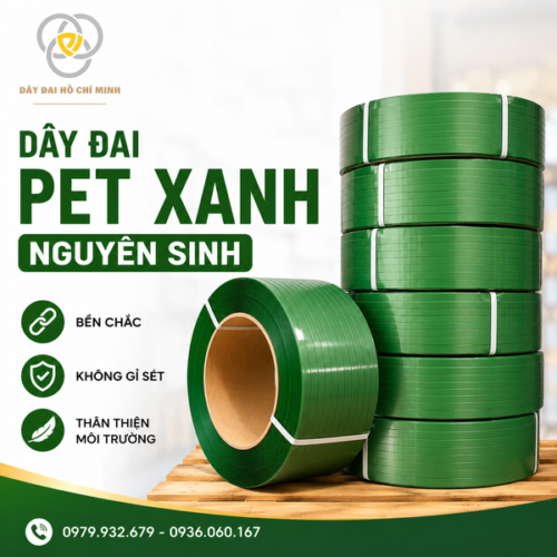 Dây đai PET xanh nguyên sinh là giải pháp đóng gói chắc chắn, nhẹ và không gỉ sét. Sản phẩm được sử dụng để đóng kiện thép, gỗ, gạch, pallet, nông sản và nhiều loại hàng hóa công nghiệp.