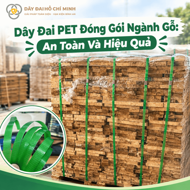 Dây đai PET màu xanh dùng đóng gói ngành gỗ, giúp cố định kiện hàng chắc chắn và hạn chế xê dịch trong quá trình lưu kho, vận chuyển.