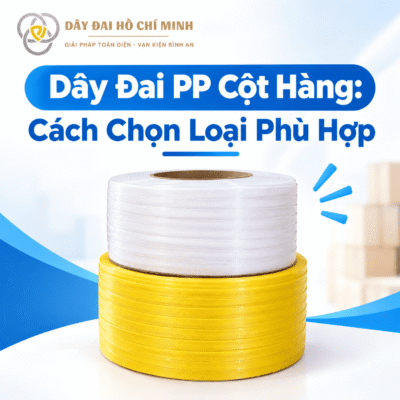 Hình ảnh dây đai PP cột hàng màu trắng và vàng được cuộn thành từng cuộn, minh họa các loại dây PP dùng để bó, buộc và cố định hàng hóa. Dây đai PP phù hợp cho thùng carton, kiện hàng nhẹ và vừa, có thể sử dụng bằng tay hoặc kết hợp với máy đóng đai.