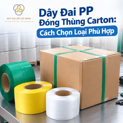 Hình ảnh thực tế dây đai PP được sử dụng để đóng thùng carton bằng máy đóng đai, giúp cố định kiện hàng chắc chắn và thuận tiện trong quá trình đóng gói, vận chuyển.