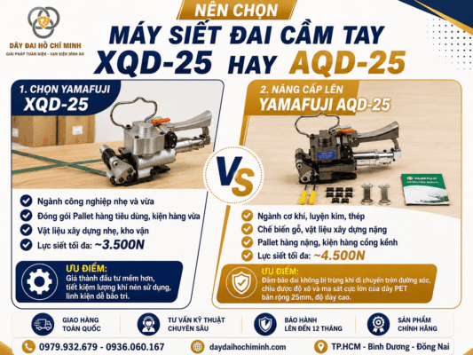 so sánh máy đóng đai khí nén Yamafuji XQD-25 và AQD-25, giúp doanh nghiệp lựa chọn máy siết đai phù hợp cho đóng gói hàng hóa công nghiệp.