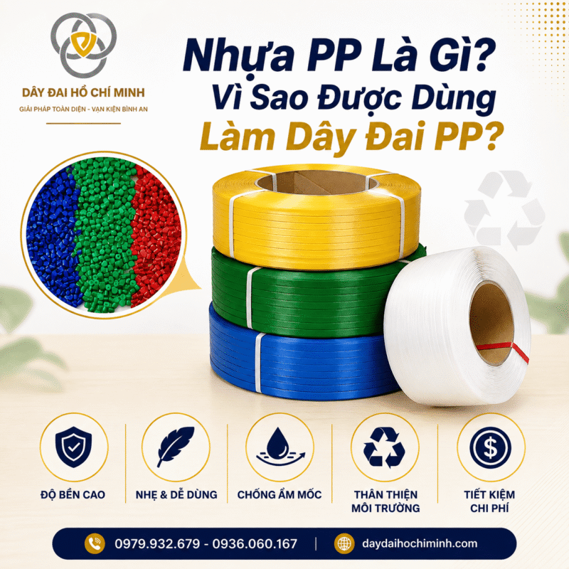 Nhựa PP là gì? Vì sao được dùng làm dây đai PP? Tìm hiểu những đặc tính nổi bật của nhựa PP như độ bền cao, nhẹ, dễ sử dụng, chống ẩm và tiết kiệm chi phí. Dây đai PP phù hợp đóng gói thùng carton, kiện hàng và pallet trong nhiều ngành sản xuất.
