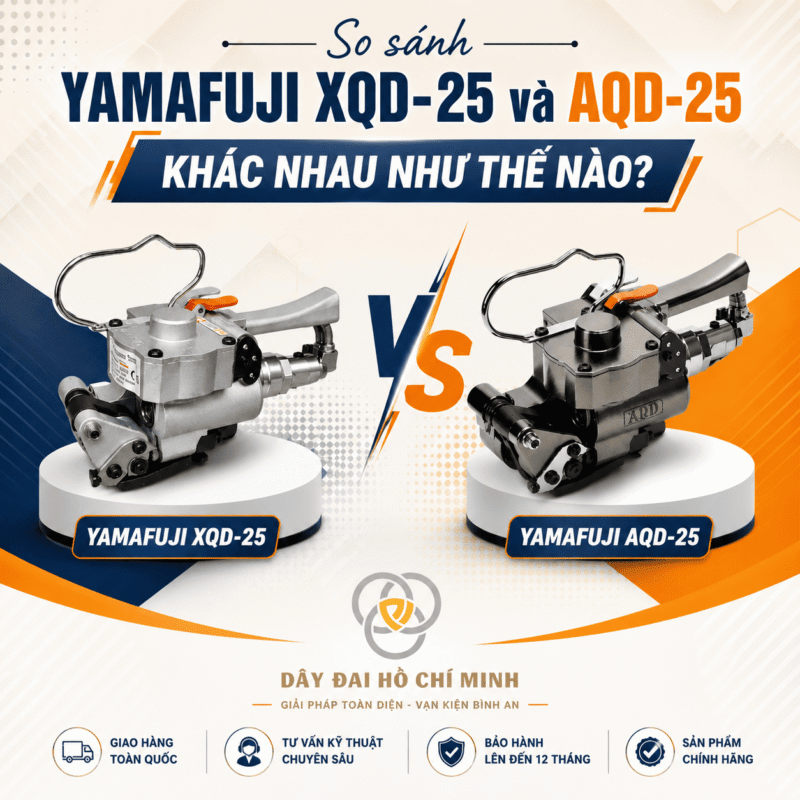 Hình ảnh so sánh máy đóng đai khí nén cầm tay Yamafuji XQD-25 và AQD-25, thiết kế 3 trong 1, phù hợp đóng đai dây PP và PET cho hàng hóa công nghiệp.