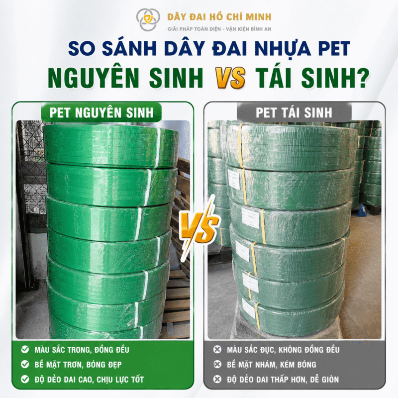 So sánh dây đai nhựa PET nguyên sinh và tái sinh về độ bền, bề mặt, độ dẻo dai, giá thành và ứng dụng để lựa chọn loại dây đai phù hợp.