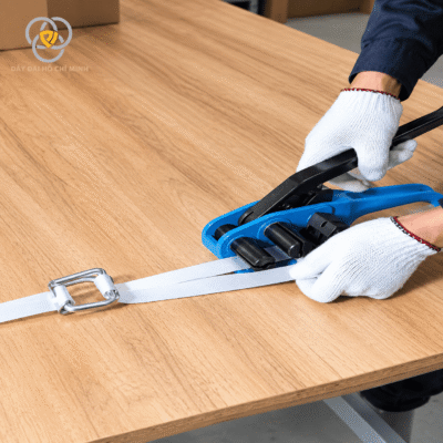 Dụng cụ siết dây đai composite kết hợp bọ sắt để cố định dây đai hàng hóa.