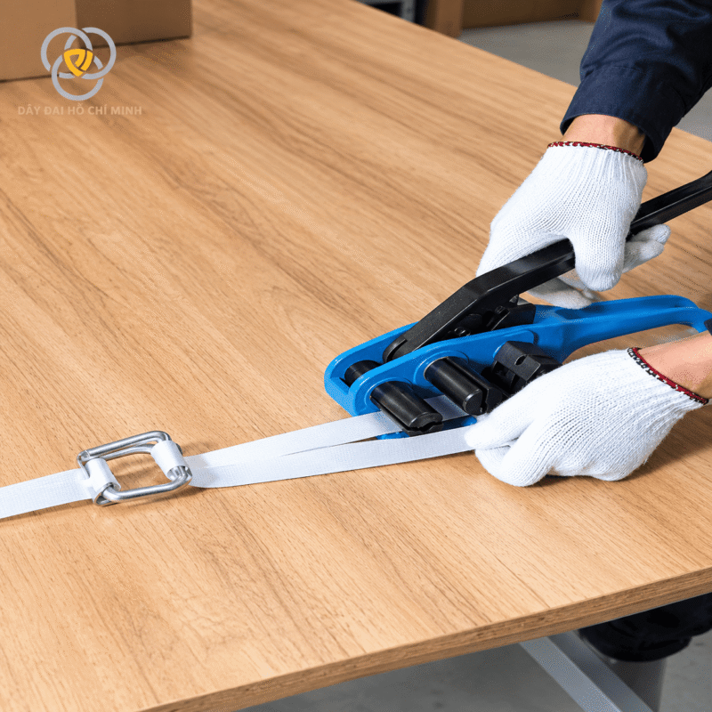 Dụng cụ siết dây đai composite kết hợp bọ sắt để cố định dây đai hàng hóa.