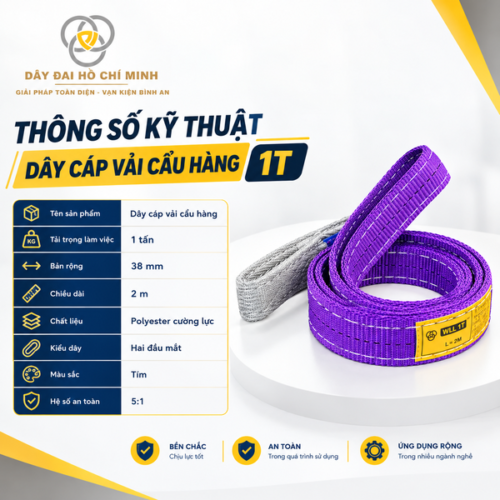 Dây cáp vải cẩu hàng polyester có thiết kế chắc chắn, linh hoạt và dễ sử dụng trong hoạt động nâng hạ, bốc xếp hàng hóa. Dây Đai Hồ Chí Minh cung cấp dây cáp vải với nhiều tải trọng, phục vụ nhu cầu sử dụng trong nhà xưởng, kho hàng và vận chuyển công nghiệp.