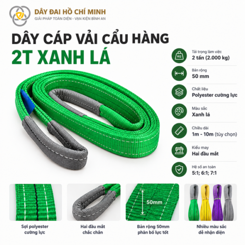 Dây cáp vải cẩu hàng 2 tấn màu xanh lá, bản rộng 50mm, hai đầu mắt