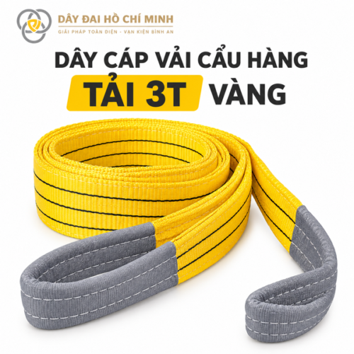 Dây cáp vải cẩu hàng tải 3 tấn màu vàng, bản dây chịu lực với hai đầu mắt cẩu bọc vải bảo vệ.