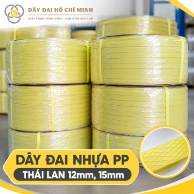 Cuộn dây đai nhựa PP Thái Lan màu vàng khổ 12mm 15mm tại kho Dây Đai Hồ Chí Minh.