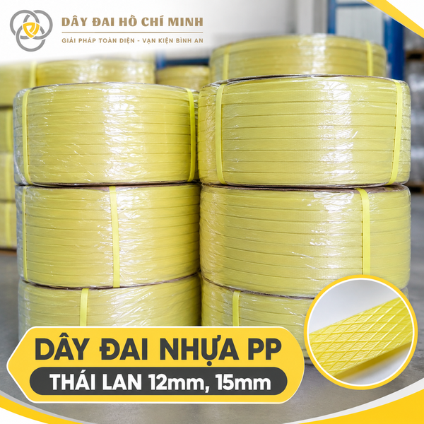 Cuộn dây đai nhựa PP Thái Lan màu vàng khổ 12mm 15mm tại kho Dây Đai Hồ Chí Minh.